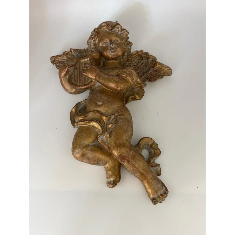 Vintage Angelico Renaissance Angel Collection Gold Cherub Lyre Wall Plaque Decor